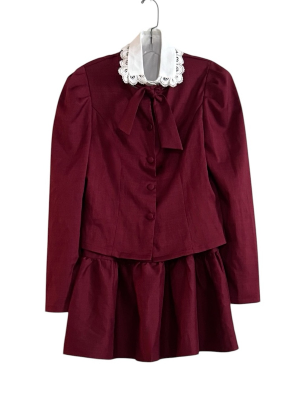 SHEIN Burgundy Three-Piece Lace Collar Skirt Set